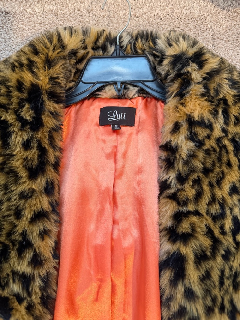 Luii Leopard Print Faux Fur Coat with Orange Satin Lining